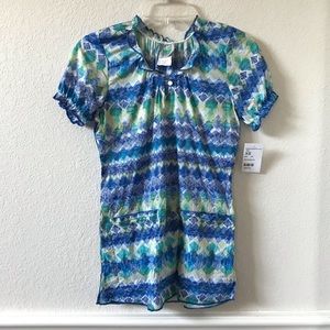 White Swan Zig Zag Blue Green Design Scrub Top XS